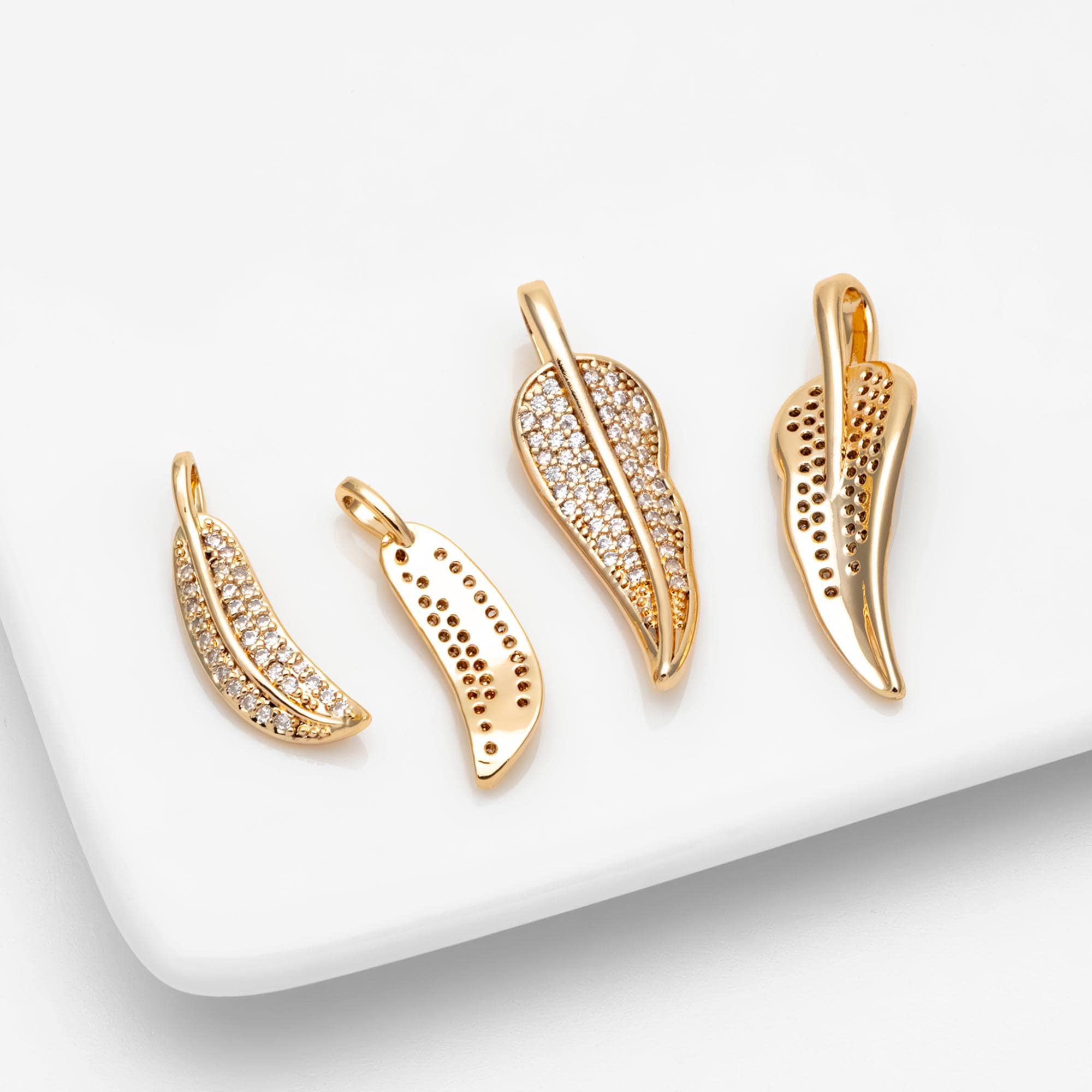 4pcs CZ pave Gold Leaf Charms, 18K Gold plated Brass, Dainty Feather Pendants (GB-2310)